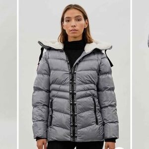 Women's Silver Puffer Jacket with Faux Fur Hood
